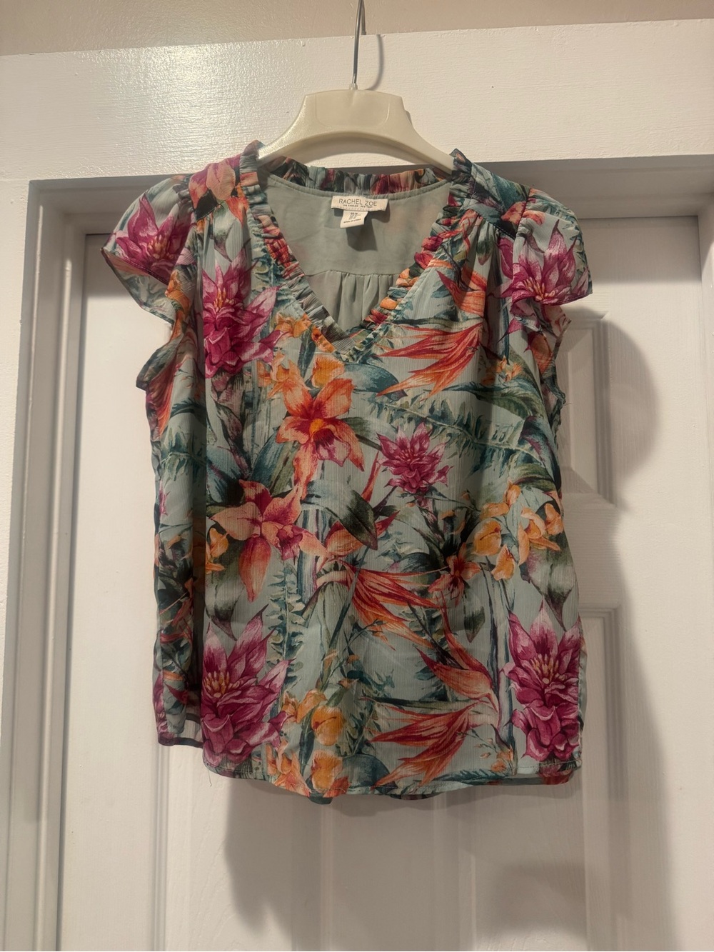 Rachel Zoe Floral V-Neck Flutter Sleeve Blouse - Mint Multi